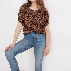 Balloon-Sleeve Button-Up Top in Painted Leopard